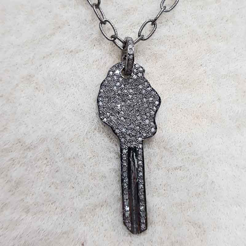 Classic And Fancy Key Pendant With Pave Diamond, Fancy Key Necklace, Silver Jewelry