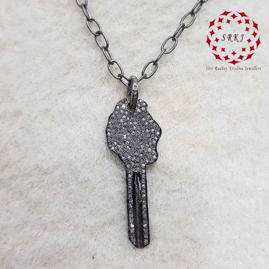 Classic And Fancy Key Pendant With Pave Diamond, Fancy Key Necklace, Silver Jewelry