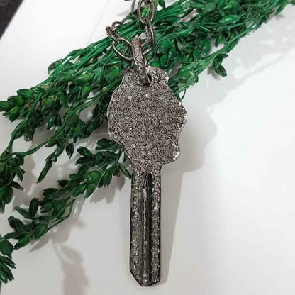 Classic And Fancy Key Pendant With Pave Diamond, Fancy Key Necklace, Silver Jewelry