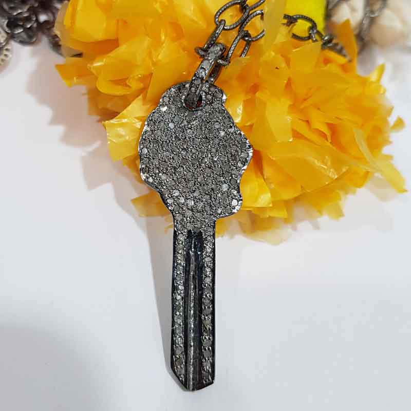 Classic And Fancy Key Pendant With Pave Diamond, Fancy Key Necklace, Silver Jewelry