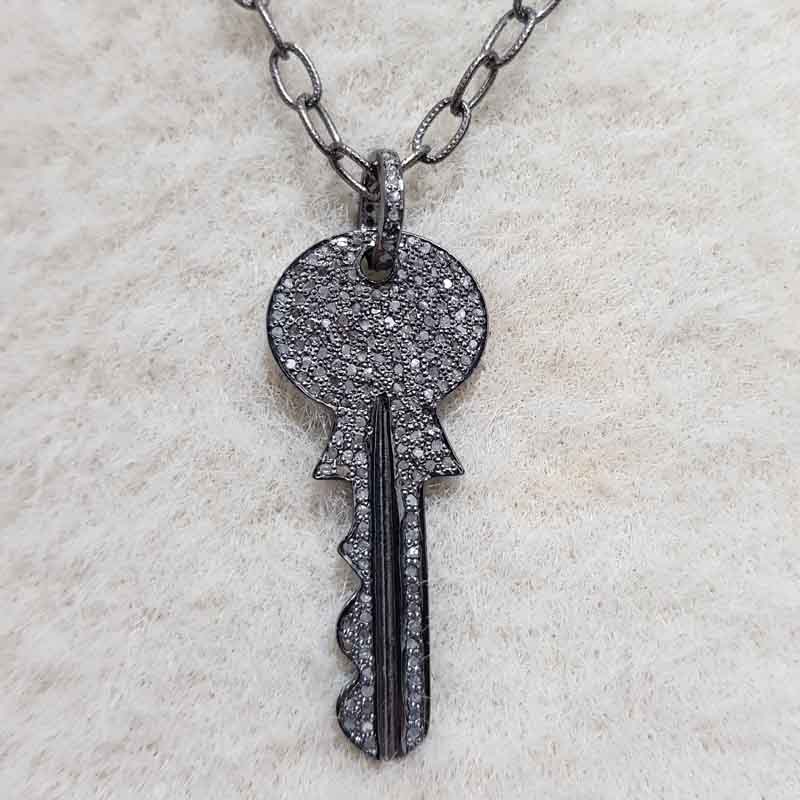 Stunning Key Shape Pave Diamonds Silver Pendant, Stunning Key Necklace, Silver Jewelry