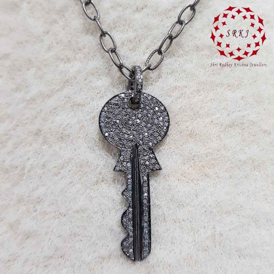 Stunning Key Shape Pave Diamonds Silver Pendant, Stunning Key Necklace, Silver Jewelry