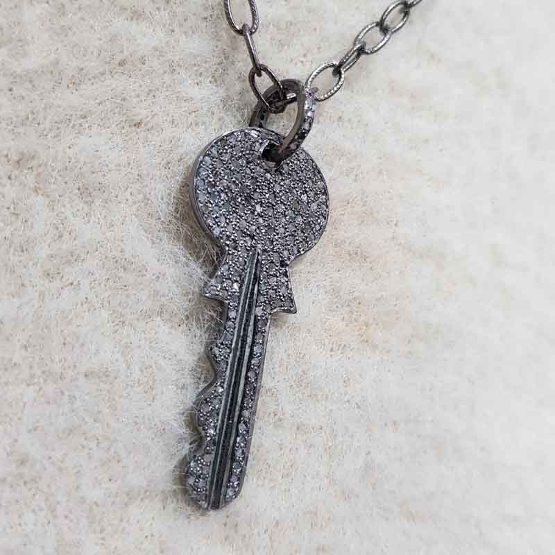 Stunning Key Shape Pave Diamonds Silver Pendant, Stunning Key Necklace, Silver Jewelry