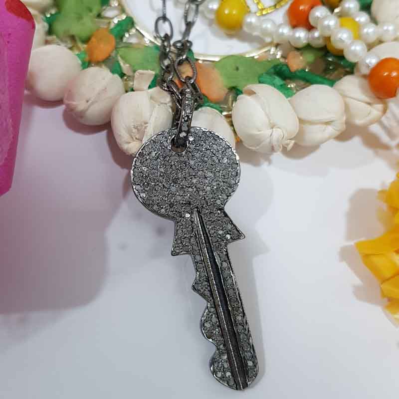 Stunning Key Shape Pave Diamonds Silver Pendant, Stunning Key Necklace, Silver Jewelry