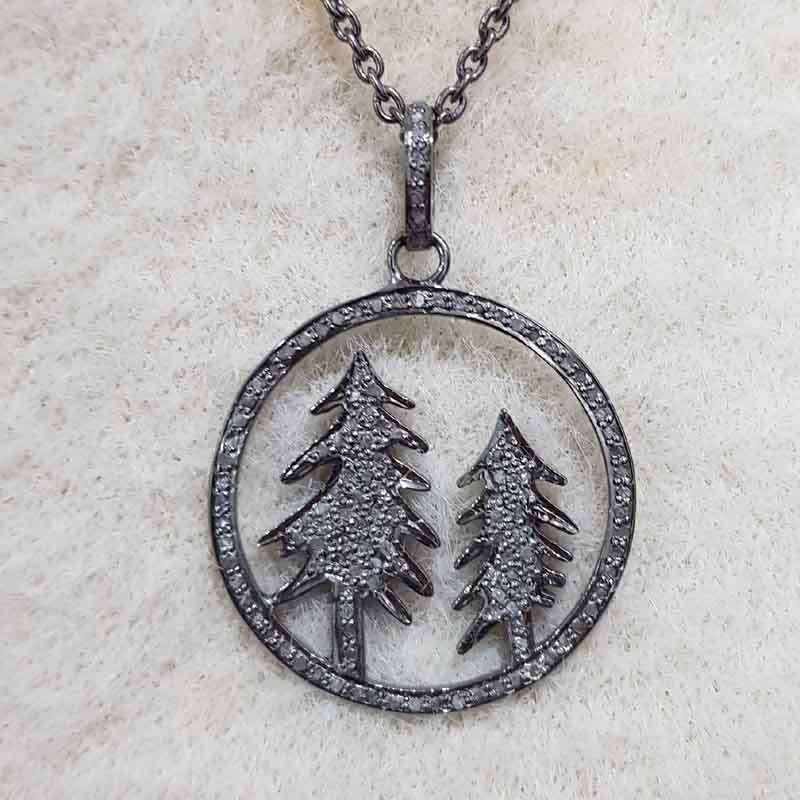 Charming Round Tree Style Pave Diamond Silver Pendant, Tree Necklace, Silver Jewelry