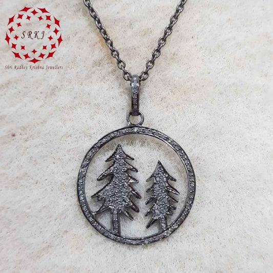 Charming Round Tree Style Pave Diamond Silver Pendant, Tree Necklace, Silver Jewelry