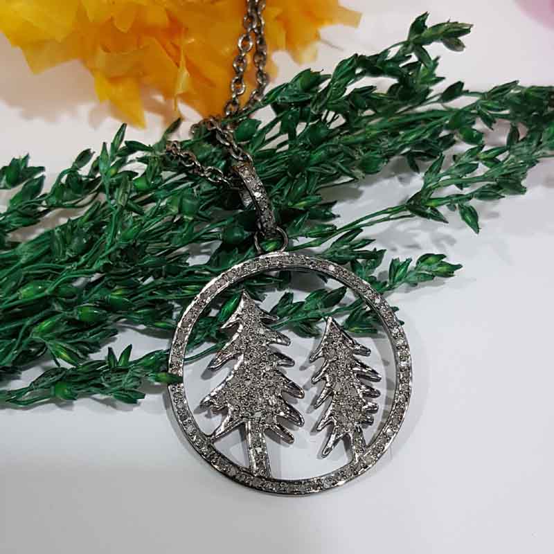 Charming Round Tree Style Pave Diamond Silver Pendant, Tree Necklace, Silver Jewelry