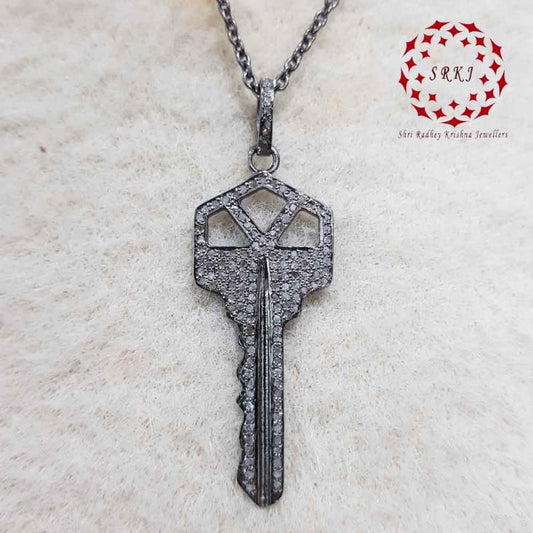 Beautifully 925 Sterling Pave Diamond Silver Key Pendant, Shiny Key Necklace, Gift For Love