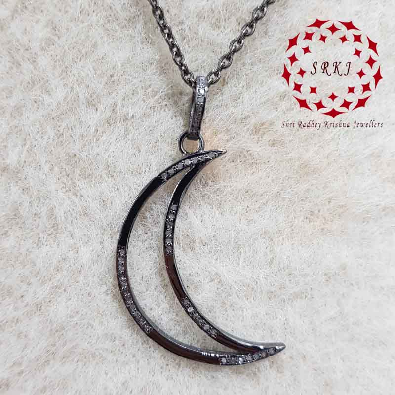 Beautiful Moon Pendant With Pave Layers, Half Moon pendant, Silver Jewelry