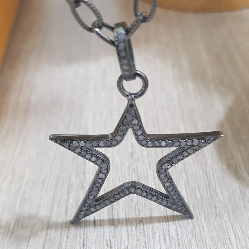 Good Looking Pave Diamond Star Design Black Silver Pendant, Star Necklace, Silver Jewelry