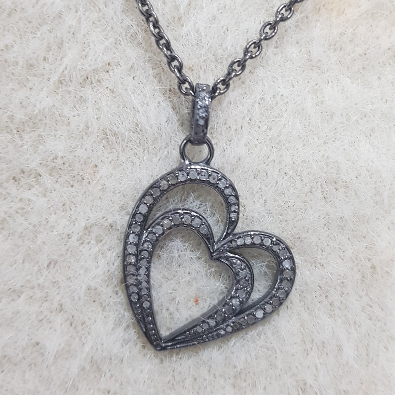 Handmade Two Heart Design With Pave Diamond Layers Silver Pendant, Silver Jewelry, Double Heart Necklace, Gift For Someone