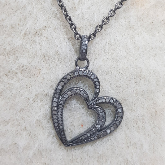 Handmade Two Heart Design With Pave Diamond Layers Silver Pendant, Silver Jewelry, Double Heart Necklace, Gift For Someone