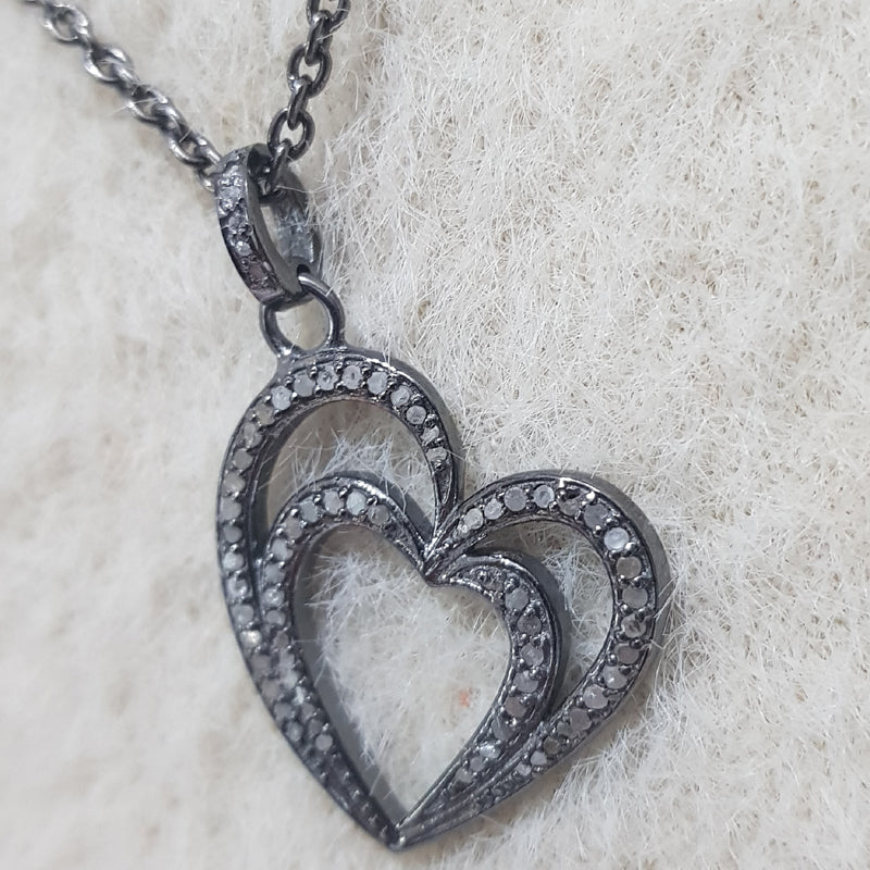 Handmade Two Heart Design With Pave Diamond Layers Silver Pendant, Silver Jewelry, Double Heart Necklace, Gift For Someone