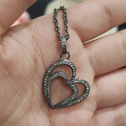 Handmade Two Heart Design With Pave Diamond Layers Silver Pendant, Silver Jewelry, Double Heart Necklace, Gift For Someone