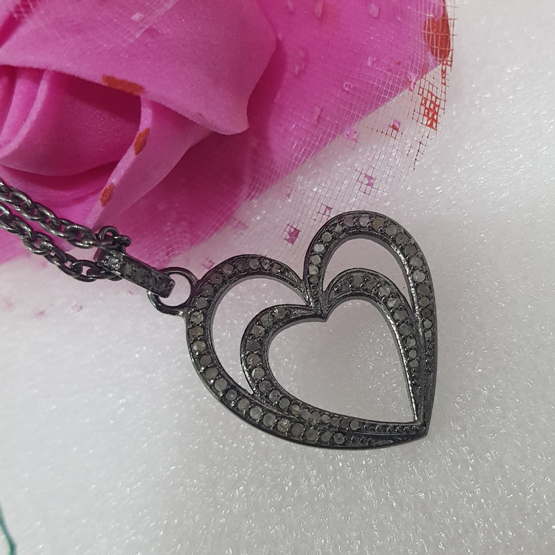 Handmade Two Heart Design With Pave Diamond Layers Silver Pendant, Silver Jewelry, Double Heart Necklace, Gift For Someone