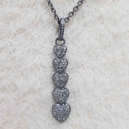 Graceful Heart Lines Design Pave Diamond Silver Black Pendant, Many Heart layers Necklace, Silver Jewelry