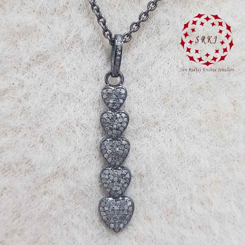 Graceful Heart Lines Design Pave Diamond Silver Black Pendant, Many Heart layers Necklace, Silver Jewelry