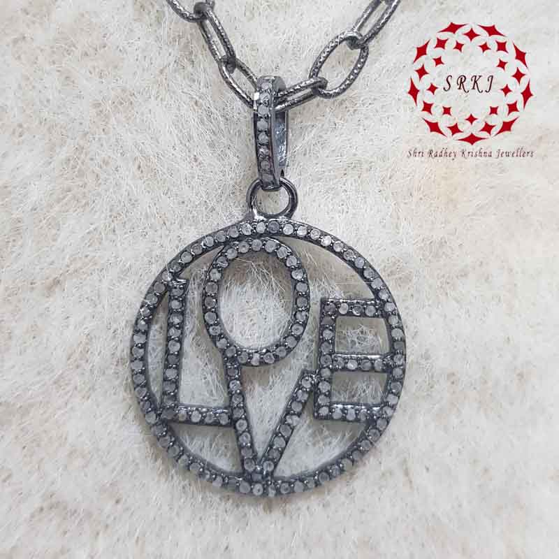 The Splendid Love Word Round Shape Design Pave Diamond Silver Pendant, Love Round Pendant, Silver Jewelry