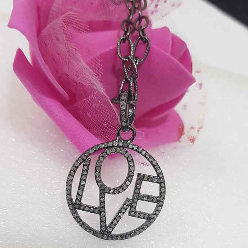 The Splendid Love Word Round Shape Design Pave Diamond Silver Pendant, Love Round Pendant, Silver Jewelry