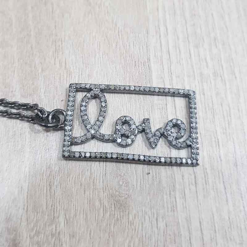 Gorgeous Handmade Love Word Designed Pave Diamond Silver Pendant, Stunning Love Necklace, Silver Jewelry