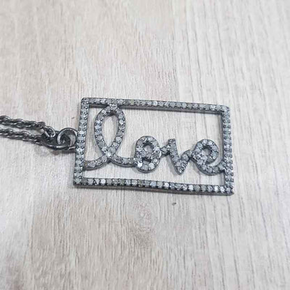 Gorgeous Handmade Love Word Designed Pave Diamond Silver Pendant, Stunning Love Necklace, Silver Jewelry