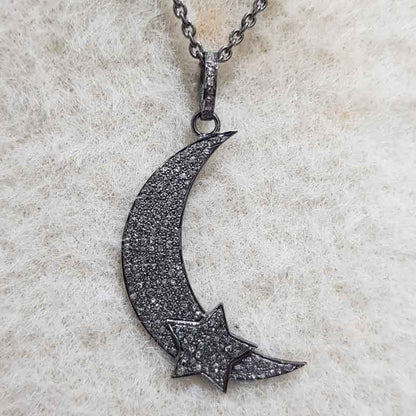 Glamorous Pave Diamond Moon With Star Pendant, Shiny Diamond Moon Necklace, Stunning Pendant, Gift For favorite One