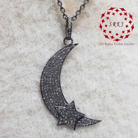 Glamorous Pave Diamond Moon With Star Pendant, Shiny Diamond Moon Necklace, Stunning Pendant, Gift For favorite One