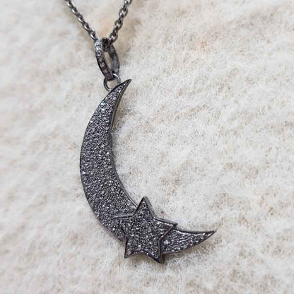 Glamorous Pave Diamond Moon With Star Pendant, Shiny Diamond Moon Necklace, Stunning Pendant, Gift For favorite One