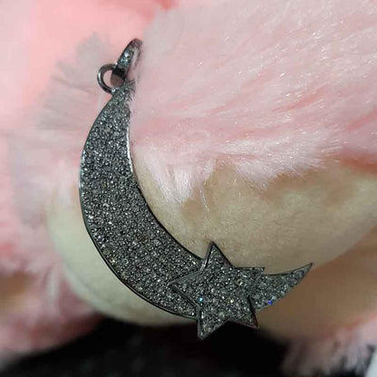 Glamorous Pave Diamond Moon With Star Pendant, Shiny Diamond Moon Necklace, Stunning Pendant, Gift For favorite One