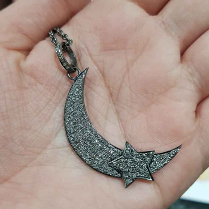 Glamorous Pave Diamond Moon With Star Pendant, Shiny Diamond Moon Necklace, Stunning Pendant, Gift For favorite One