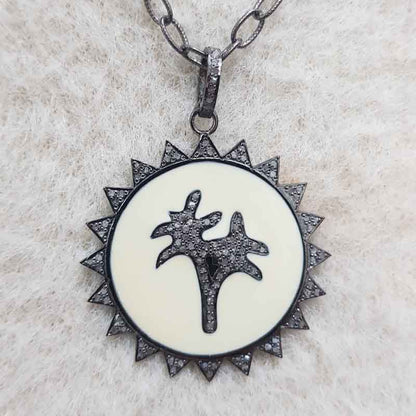 Cream Enamel Beautiful Sunburst Style With Tree Designer Pave Diamond Pendant, Silver Jewelry