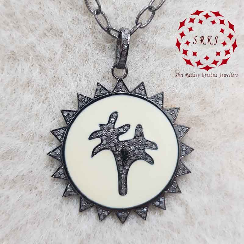 Cream Enamel Beautiful Sunburst Style With Tree Designer Pave Diamond Pendant, Silver Jewelry