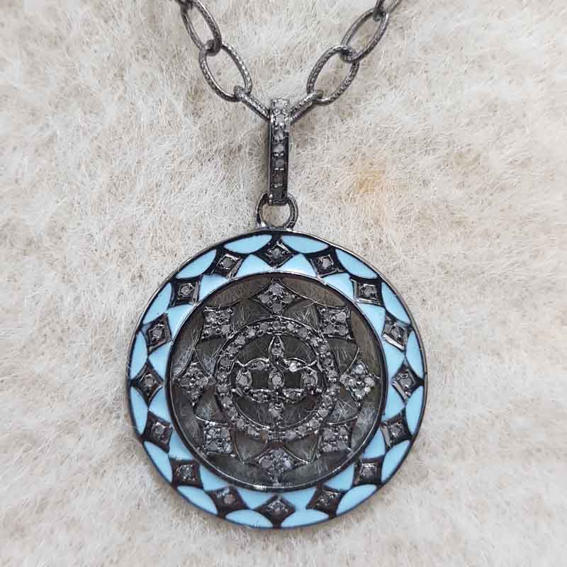 Turquoise Enamel Fancy Designer 925 Sterling Silver Pave Diamond Pendant, Attractive Round Fancy Necklace, Silver Jewelry