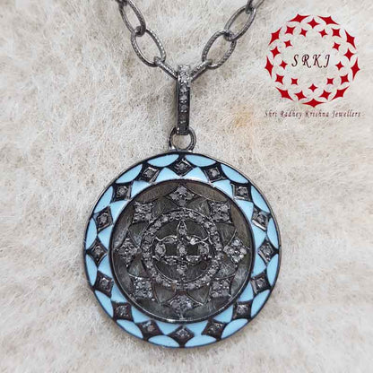 Turquoise Enamel Fancy Designer 925 Sterling Silver Pave Diamond Pendant, Attractive Round Fancy Necklace, Silver Jewelry