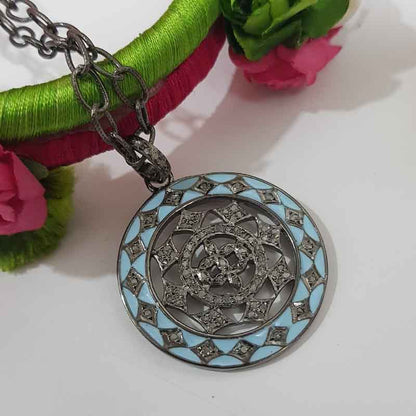 Turquoise Enamel Fancy Designer 925 Sterling Silver Pave Diamond Pendant, Attractive Round Fancy Necklace, Silver Jewelry