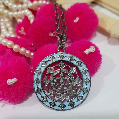 Turquoise Enamel Fancy Designer 925 Sterling Silver Pave Diamond Pendant, Attractive Round Fancy Necklace, Silver Jewelry