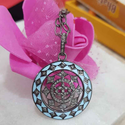 Turquoise Enamel Fancy Designer 925 Sterling Silver Pave Diamond Pendant, Attractive Round Fancy Necklace, Silver Jewelry