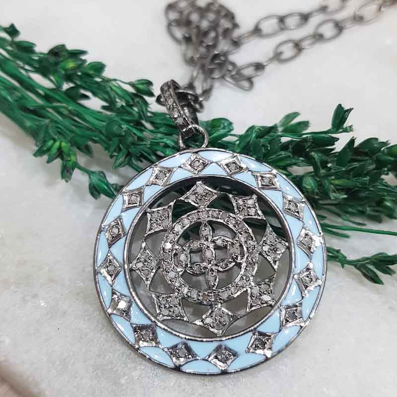 Turquoise Enamel Fancy Designer 925 Sterling Silver Pave Diamond Pendant, Attractive Round Fancy Necklace, Silver Jewelry