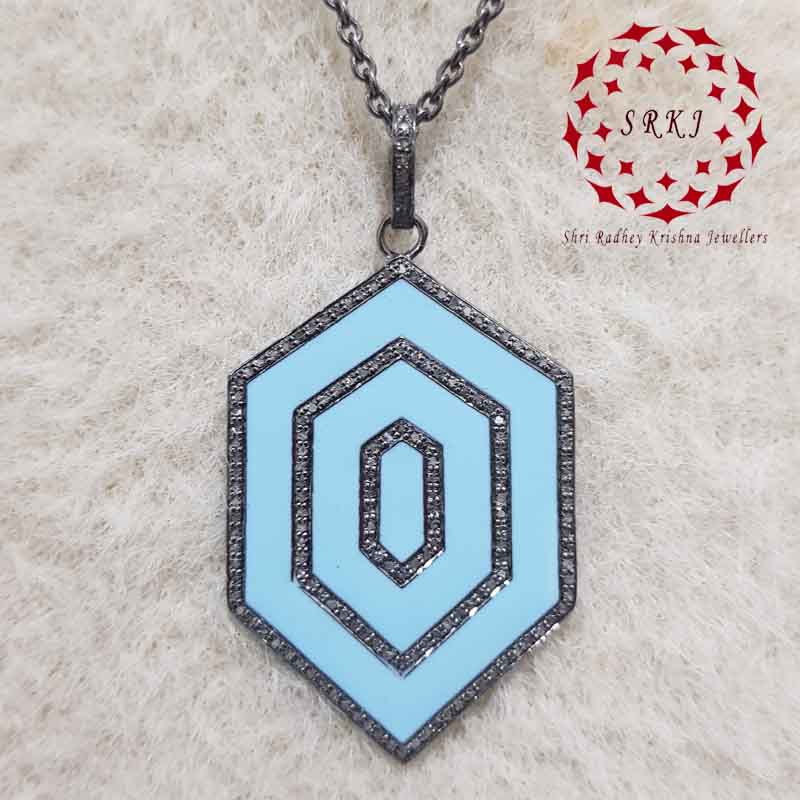 Turquoise Enamel Gorgeous Designer Pendant With Pave Layers, Enamel Fancy Necklace, Gift For Her, Him