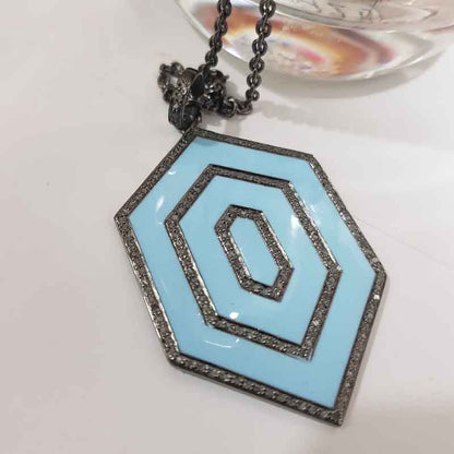 Turquoise Enamel Gorgeous Designer Pendant With Pave Layers, Enamel Fancy Necklace, Gift For Her, Him