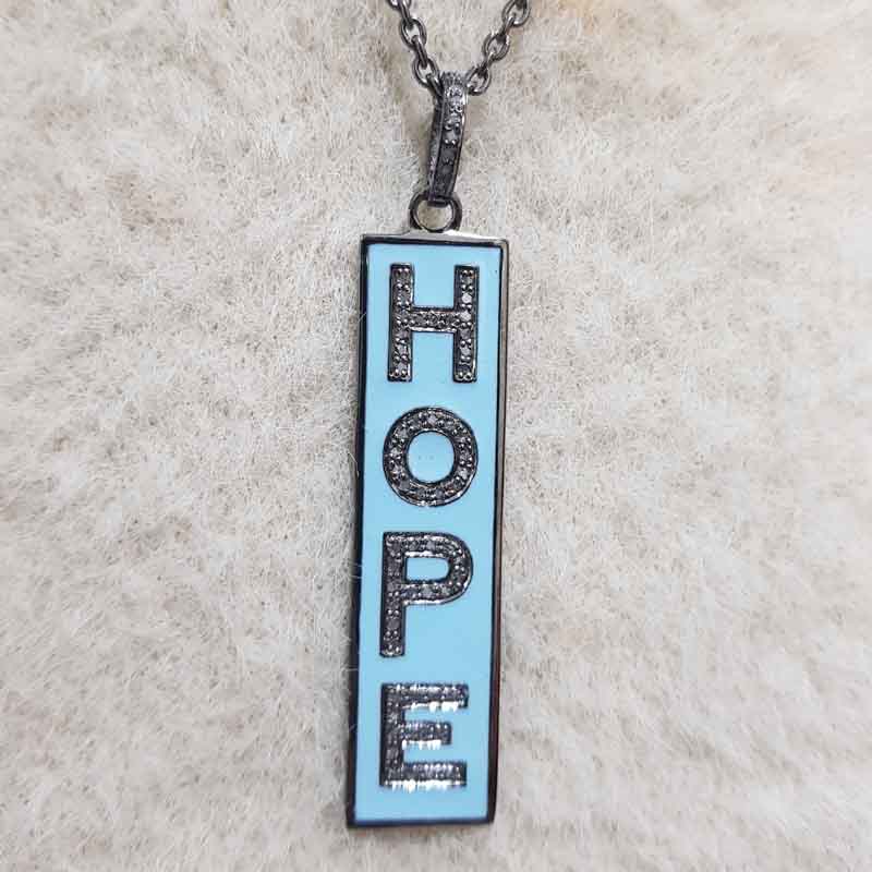 Hope Designer 925 Sterling Silver Pave Diamond Tag Pendant, Enamel And Two Tone Tag Fancy Necklace, Silver Jewelry