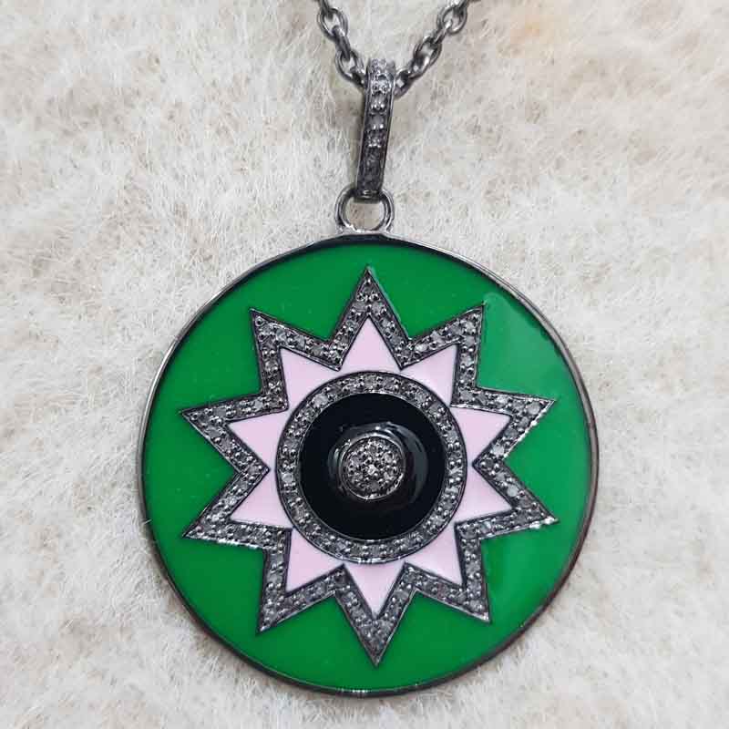 Round Disk Starburst Designer With Enamel And Pave Layers, Unique Enamel Sunburst Necklace, Silver Jewelry