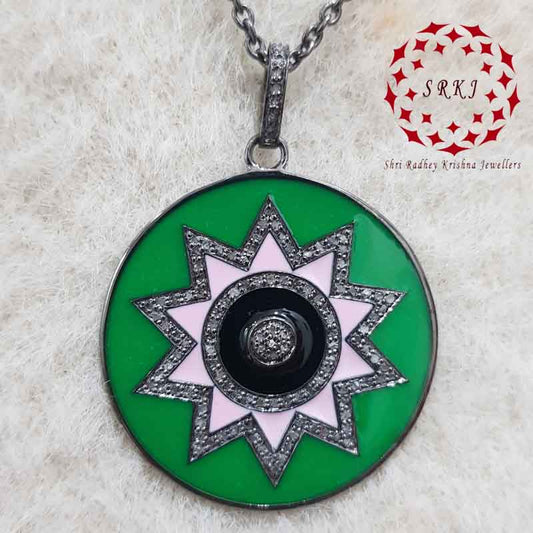 Round Disk Starburst Designer With Enamel And Pave Layers, Unique Enamel Sunburst Necklace, Silver Jewelry