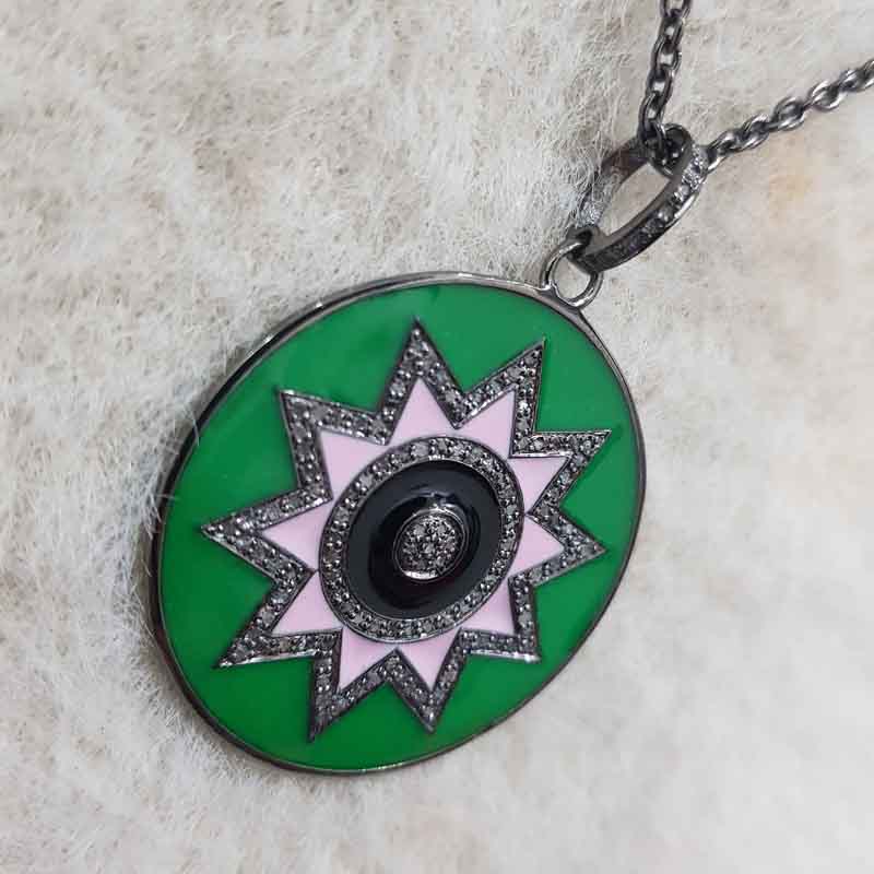 Round Disk Starburst Designer With Enamel And Pave Layers, Unique Enamel Sunburst Necklace, Silver Jewelry