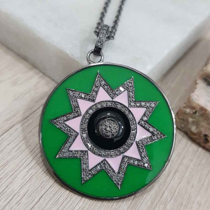 Round Disk Starburst Designer With Enamel And Pave Layers, Unique Enamel Sunburst Necklace, Silver Jewelry