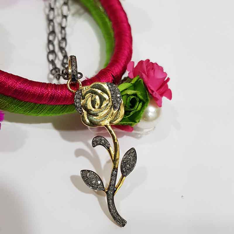 Beautiful Flower Pendant With Pave Layers, Rose Flower Necklace, Silver Jewelry