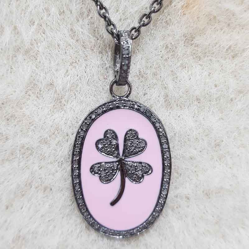 Oval Shaped Pink Enamel With Pave Diamond Flower Pendant, Flower Oval Shape Jewelry