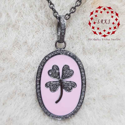 Oval Shaped Pink Enamel With Pave Diamond Flower Pendant, Flower Oval Shape Jewelry