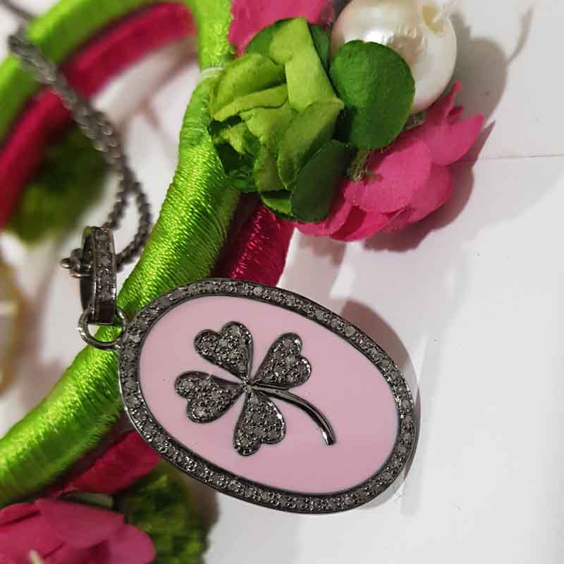 Oval Shaped Pink Enamel With Pave Diamond Flower Pendant, Flower Oval Shape Jewelry