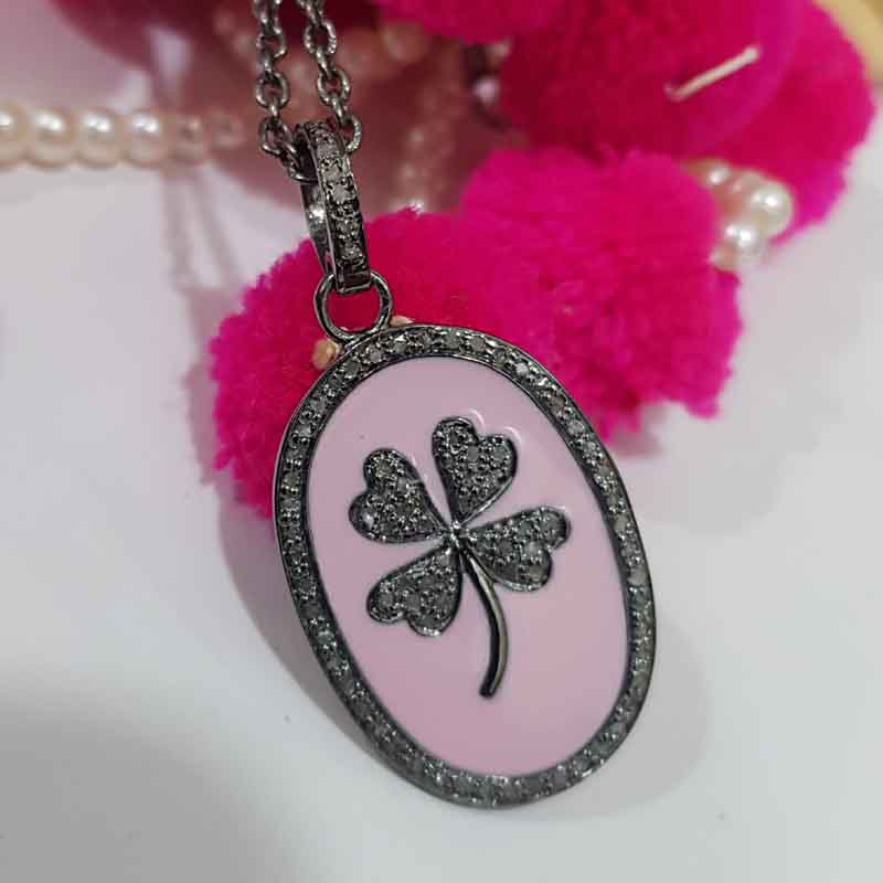 Oval Shaped Pink Enamel With Pave Diamond Flower Pendant, Flower Oval Shape Jewelry